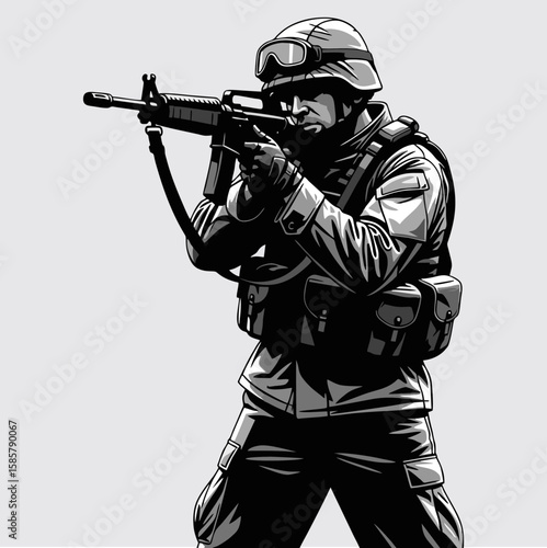 Silhouette of a soldier with a weapon on the battlefield