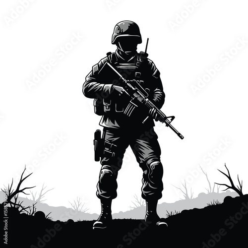 Silhouette of a soldier with a weapon on the battlefield