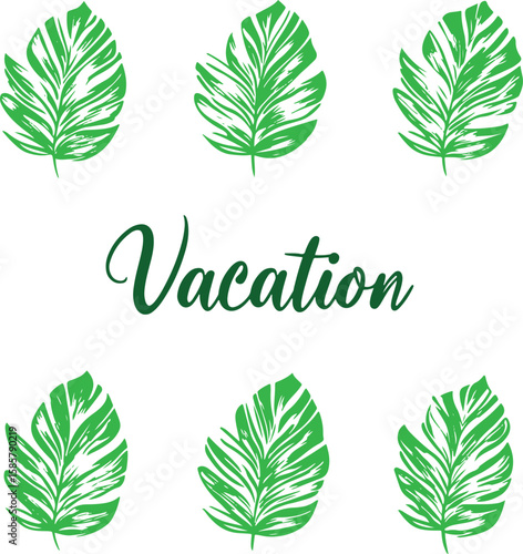 set of silhouette of tropical leaves and word vacation