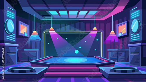 Vector art of a futuristic nightclub stage with vibrant neon lighting and a central performance area, ready for a show