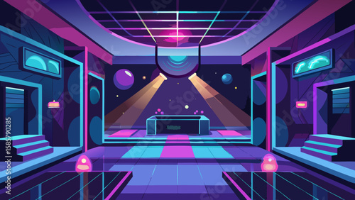 Vector art of a futuristic club interior with a central stage, vibrant neon lights, and holographic spheres
