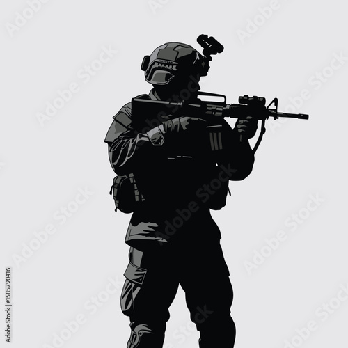 Silhouette of a soldier with a weapon on the battlefield
