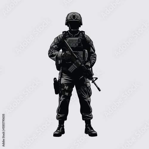 Silhouette of a soldier with a weapon on the battlefield