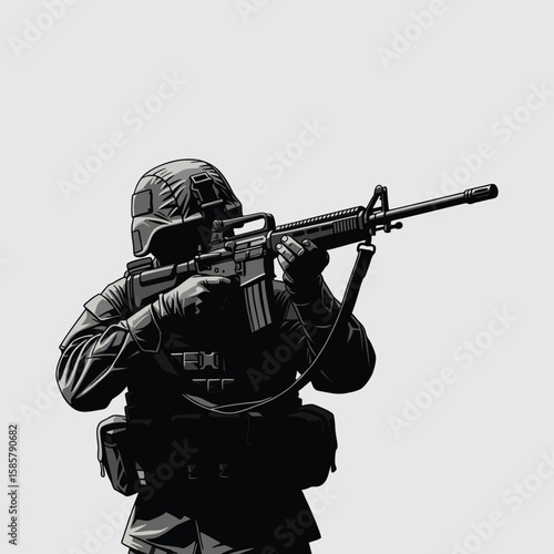 Silhouette of a soldier with a weapon on the battlefield