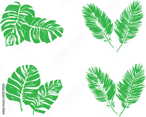 set of silhouette of tropical leaves
