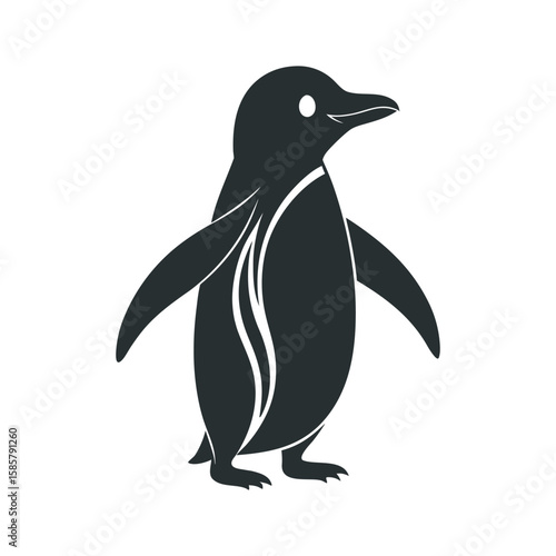 Dark grey penguin illustration with white eye and abstract white lines