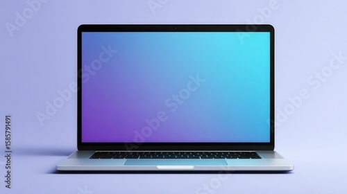 Modern laptop with gradient screen on minimalist purple background.