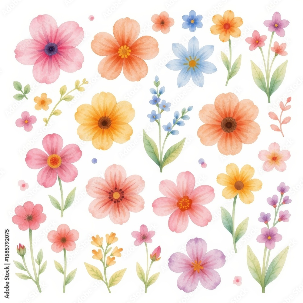 a collection of flowers, arranged in a 3x3 grid on a white background, watercolor style