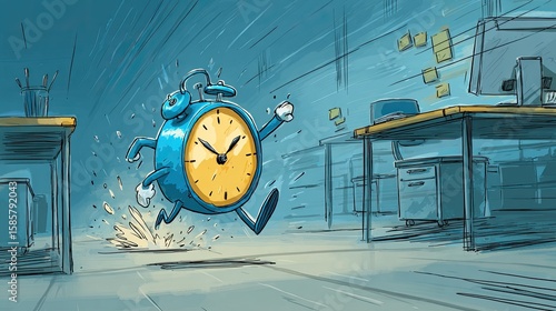 Cartoon alarm clock runs through an office at night