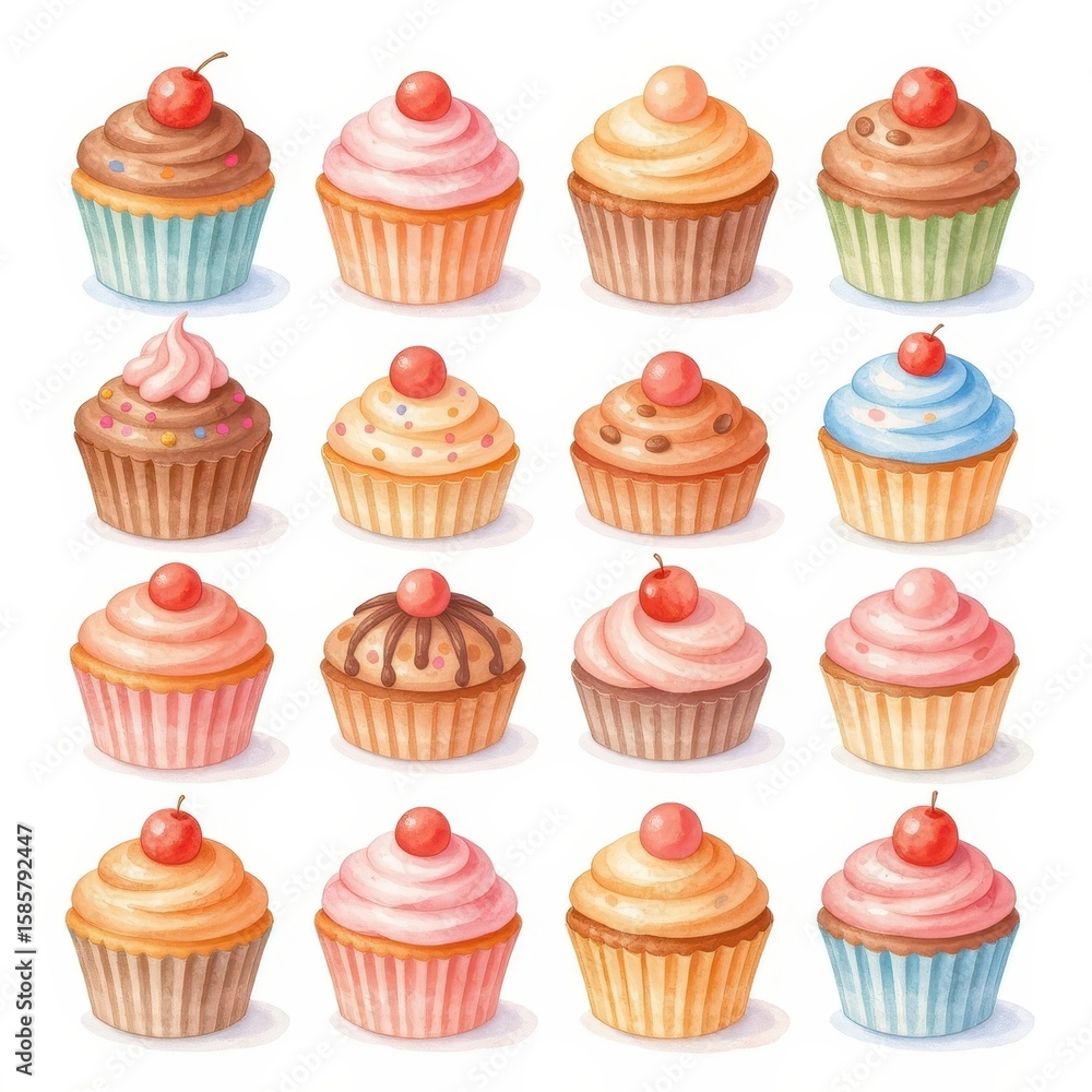 a collection of cupcakes, arranged in a 3x3 grid on a white background, watercolor style a collection of cupcakes, arranged in a 3x3 grid on a white background, watercolor style