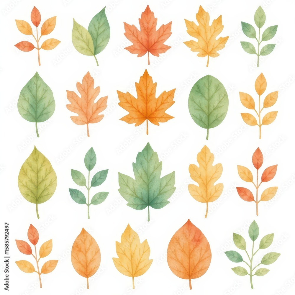 Fototapeta premium a collection of leaves, arranged in a 3x3 grid on a white background, watercolor style
