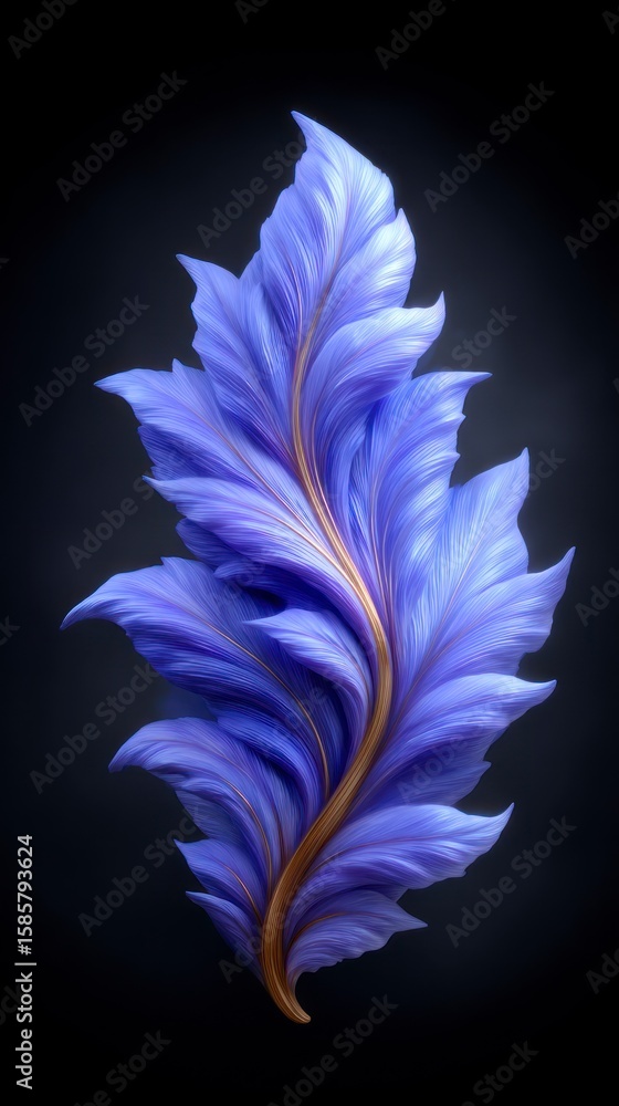 Obraz premium Elegant abstract blue leaf with gold stem and flowing textured petals design
