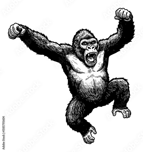 Mighty King Kong Gorilla Jumping Fiercely with Roaring Mouth and Raised Arms Black and White Outline Line Art Drawing