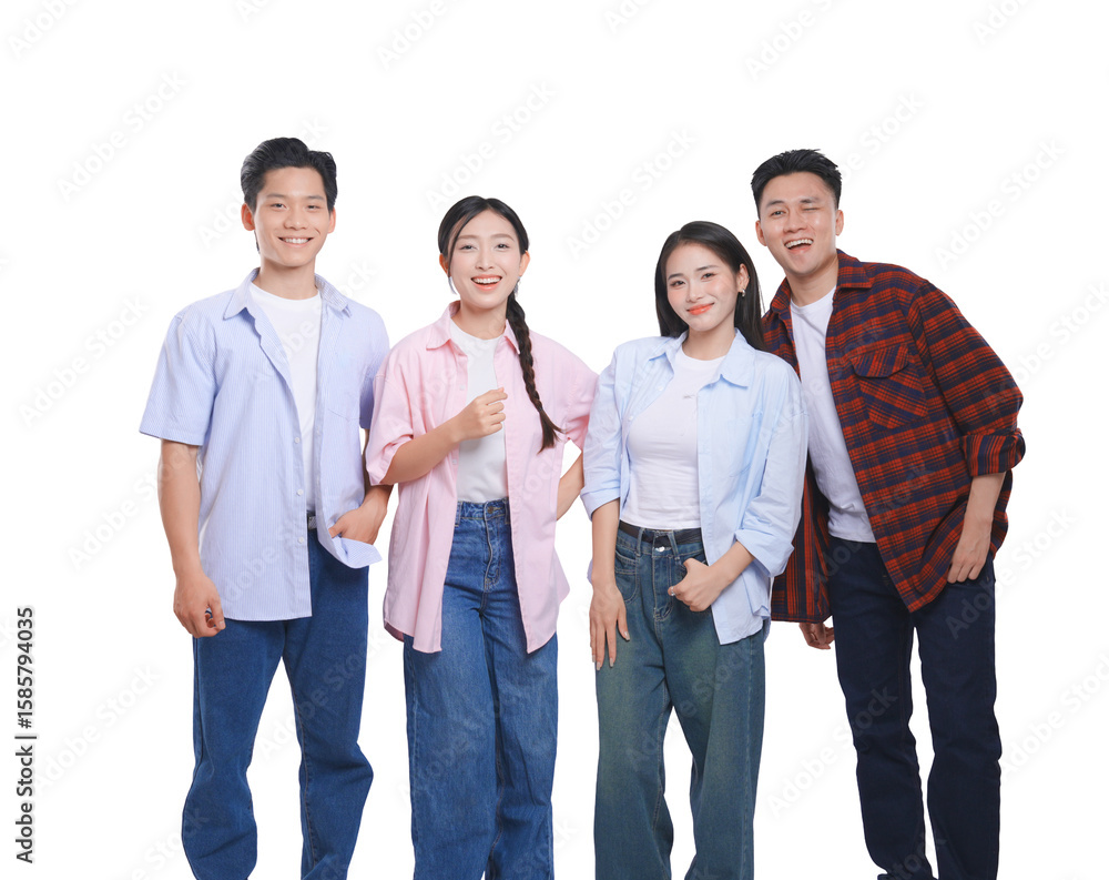 Group of four cheerful young adults dressed in casual clothing posing on a white background Group of four cheerful young adults dressed in casual clothing posing on a white background