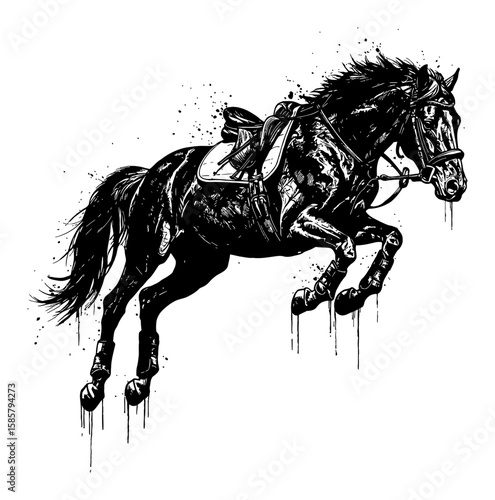 Black Horse Jump Drip and Splat Abstract Surreal Messy Paint Style Deep Solid Black and White Outline Line Art Drawing