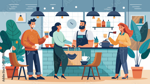 Vector art of customers interact with a barista inside a bustling cafe, enjoying drinks and conversation