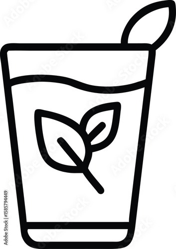 Outline beverage glass with infused leaf and stirrer, simple herbal drink icon