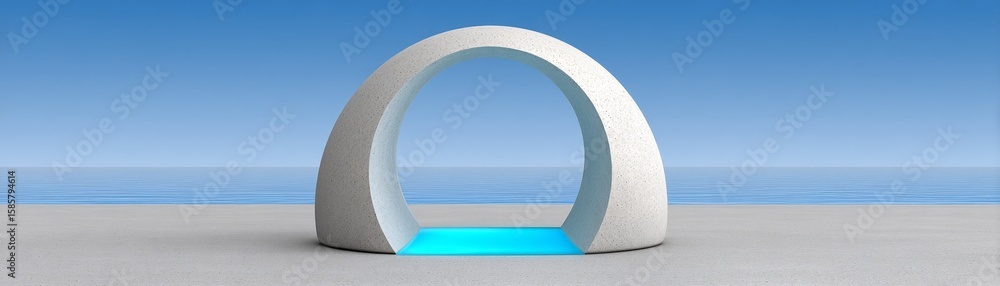 Fototapeta premium Ethical gateway sculpture with glowing emblem coastal area art installation serene environment wide angle view