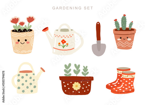 Cute hand-drawn set of gardening elements, cozy cottage core art.
