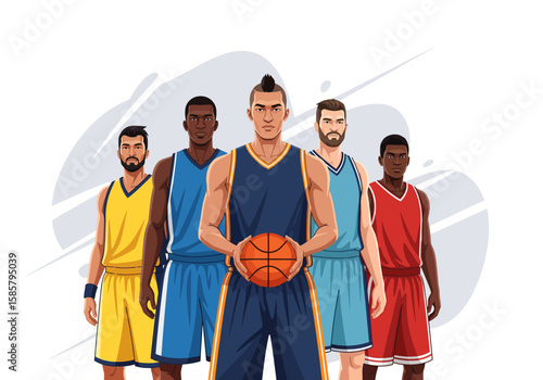 A diverse basketball team standing together, a powerful team portrait.