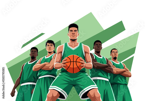 A diverse basketball team standing together, a powerful team portrait.