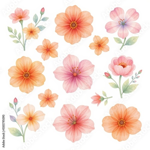 Fototapeta Naklejka Na Ścianę i Meble -  a collection of flowers, arranged in a 3x3 grid on a white background, watercolor style