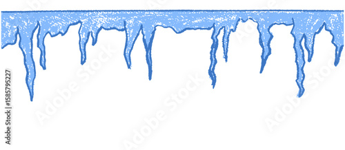 Icicle shelf drawn by children. Simple vector doodle collage elements for school or kindergarten use. Blue pastel wax squiggle strokes on a blackboard background mimic charcoal doodles