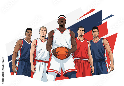 A diverse basketball team standing together, a powerful team portrait.