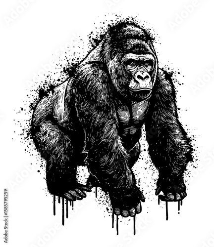 Gorilla Abstract Surreal Paint Messy Splat Drip Style Deep Solid Black Everywhere Black and White Outline Line Art Drawing