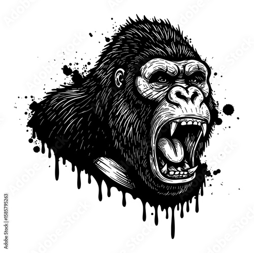 King Kong Drip Splat Abstract Surreal Paint Messy Deep Solid Black Roaring Gorilla Head Black and White Outline Line Art Drawing