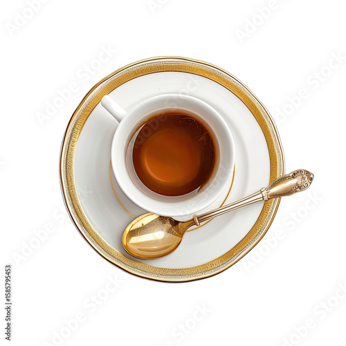 Overhead view of a half-filled teacup and saucer with gold trim, accompanied by a gold spoon on a black background