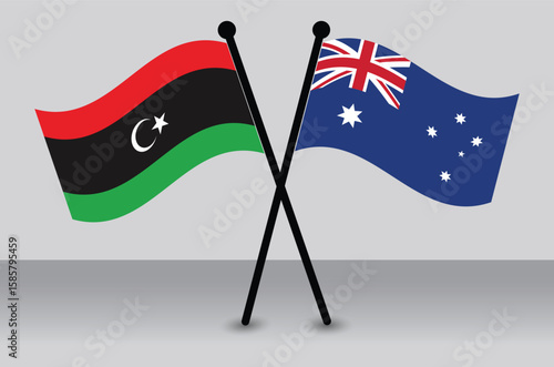 Crossed flags of Libya and Australia, symbolic of international relations.