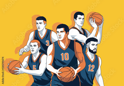 A diverse and confident basketball team portrait.