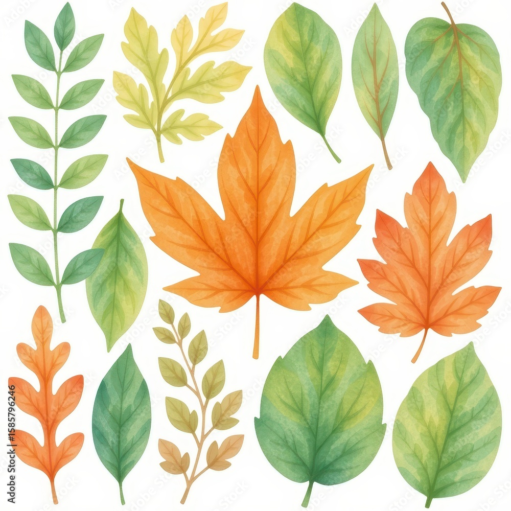 Fototapeta premium a collection of leaves, arranged in a 3x3 grid on a white background, watercolor style