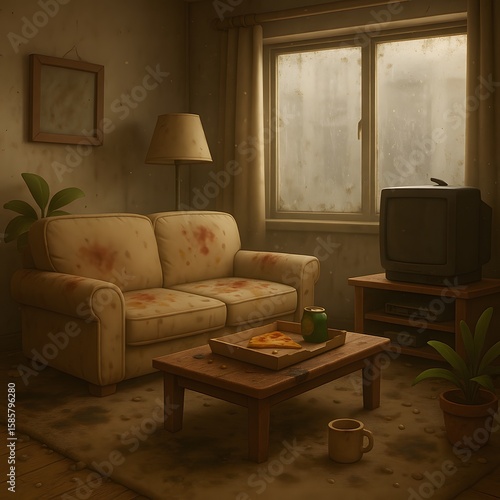 Cartoonish dirty, messy apartments with dramatic lighting