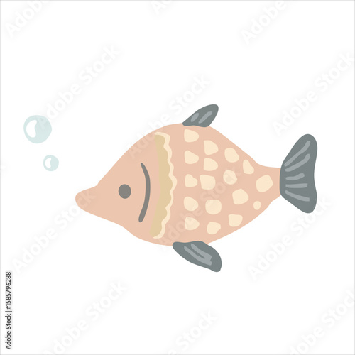 Cute hand-drawn pastel pink fish with bubbles, cozy aesthetic sea element.