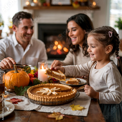 A photograph of a smiling family gathered around a wooden dining table, enjoying a Thanksgiving feast. The centerpiece is a golden-brown pumpkin pie with a lattice crust, resting on a linen tablecloth