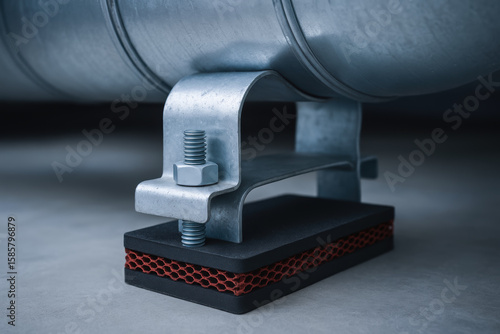 Metal air duct clamp with bolt and nut mounted on vibration isolator pad for engineering and industry applications