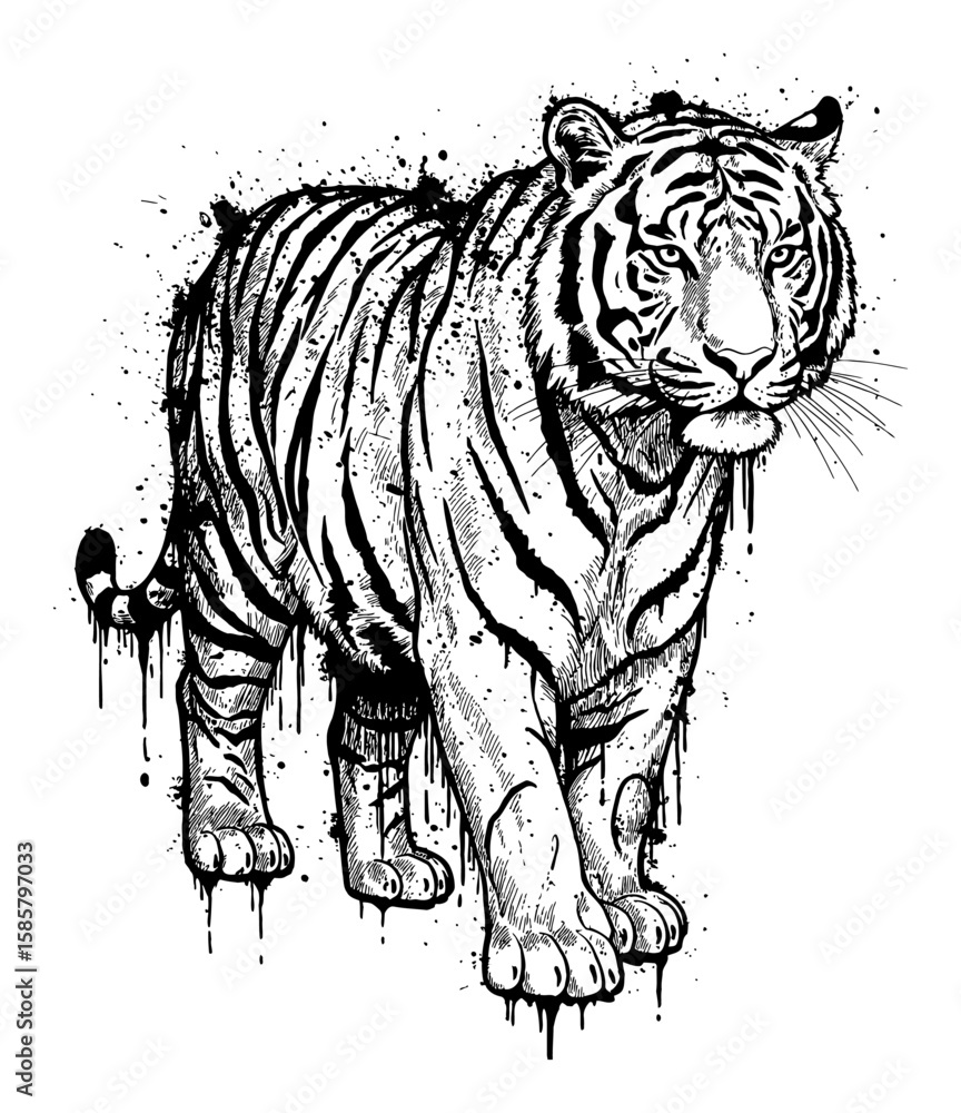Tiger Full Body Drip Splat Abstract Surreal Paint Messy Deep Solid Black Black and White Outline Line Art Drawing Tiger Full Body Drip Splat Abstract Surreal Paint Messy Deep Solid Black Black and White Outline Line Art Drawing