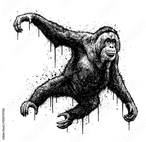 Orangutan Jumping Drip Splat Abstract Surreal Paint Messy Deep Solid Black White Outline Line Art Drawing