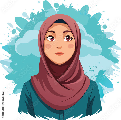 Stylized portrait of a young muslim woman wearing a maroon hijab