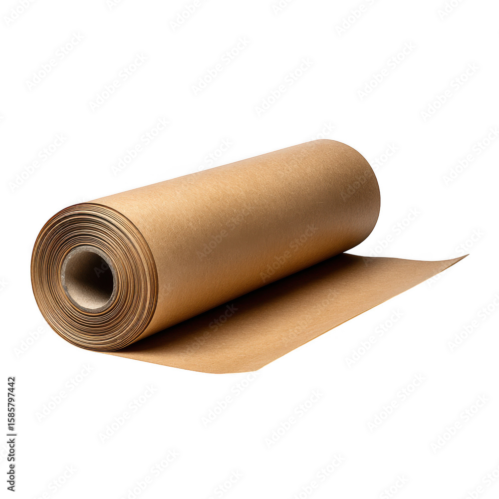 Fototapeta premium Brown kraft paper roll unfurled with a cardboard core isolated on transparent background