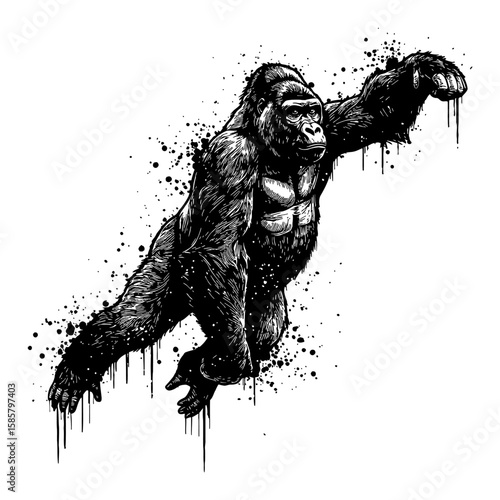 Gorilla Jumping Drip Splat Abstract Surreal Paint Messy Deep Solid Black and White Outline Line Art Drawing