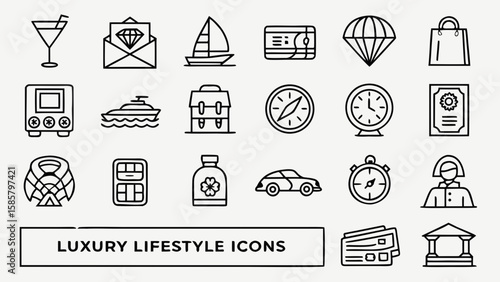 Fine line style luxury lifestyle icons set displaying elegance, wealth and sophistication in various areas like travel, business and leisure.