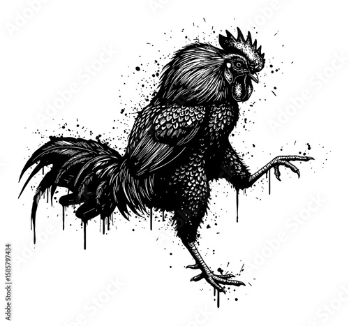 Deep Solid Black Rooster Fighting Pose with Drip Splat Abstract Surreal Messy Paint Style Black and White Outline Line Art Drawing