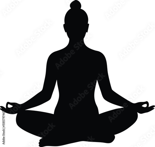 Silhouette of a woman meditating in lotus pose with hands in gyan mudra