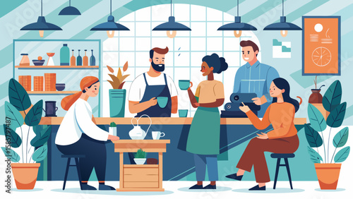 Vector art of baristas interact with customers at a bright and airy coffee shop, serving drinks and creating a welcoming vibe