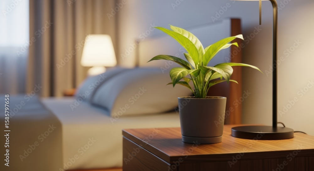 Fototapeta premium Potted plant graces a bedside table creating a peaceful indoor bedroom scene with a soft glow from a nearby lamp at nighttime