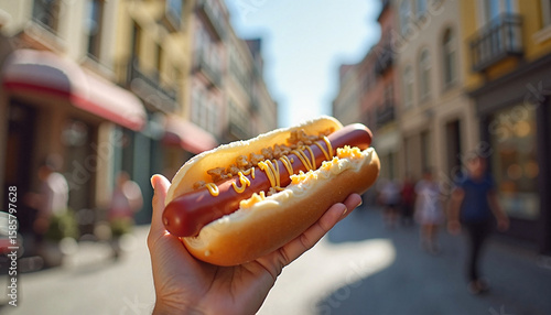 Hand holding street hotdog with mustard and toppings against urban city background