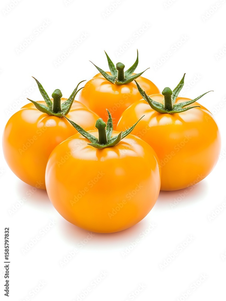 Fresh yellow tomatoes with green stems arranged in group on white background, isolated produce for food photography and marketing materials. Fresh yellow tomatoes with green stems arranged in group on white background, isolated produce for food photography and marketing materials.
